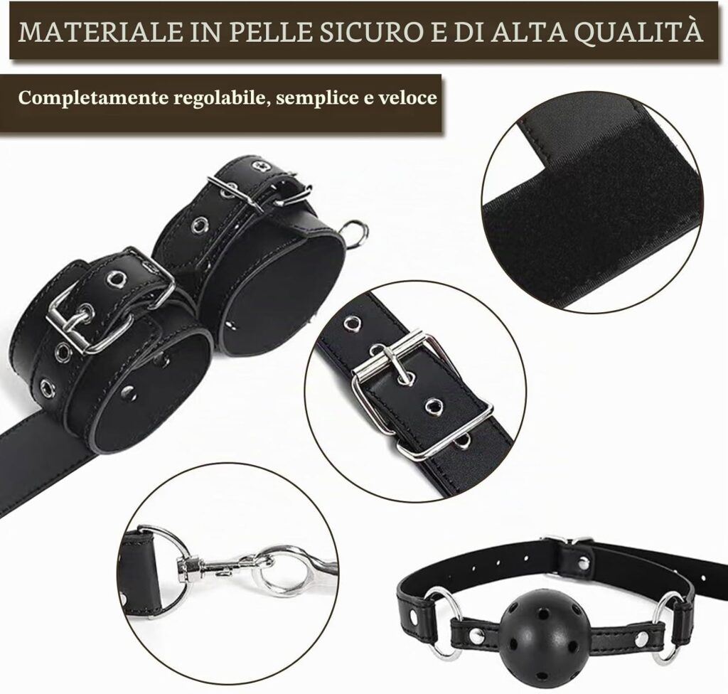 BDSMAGE kit bondage con manette, benda, gag e plug – foto 3