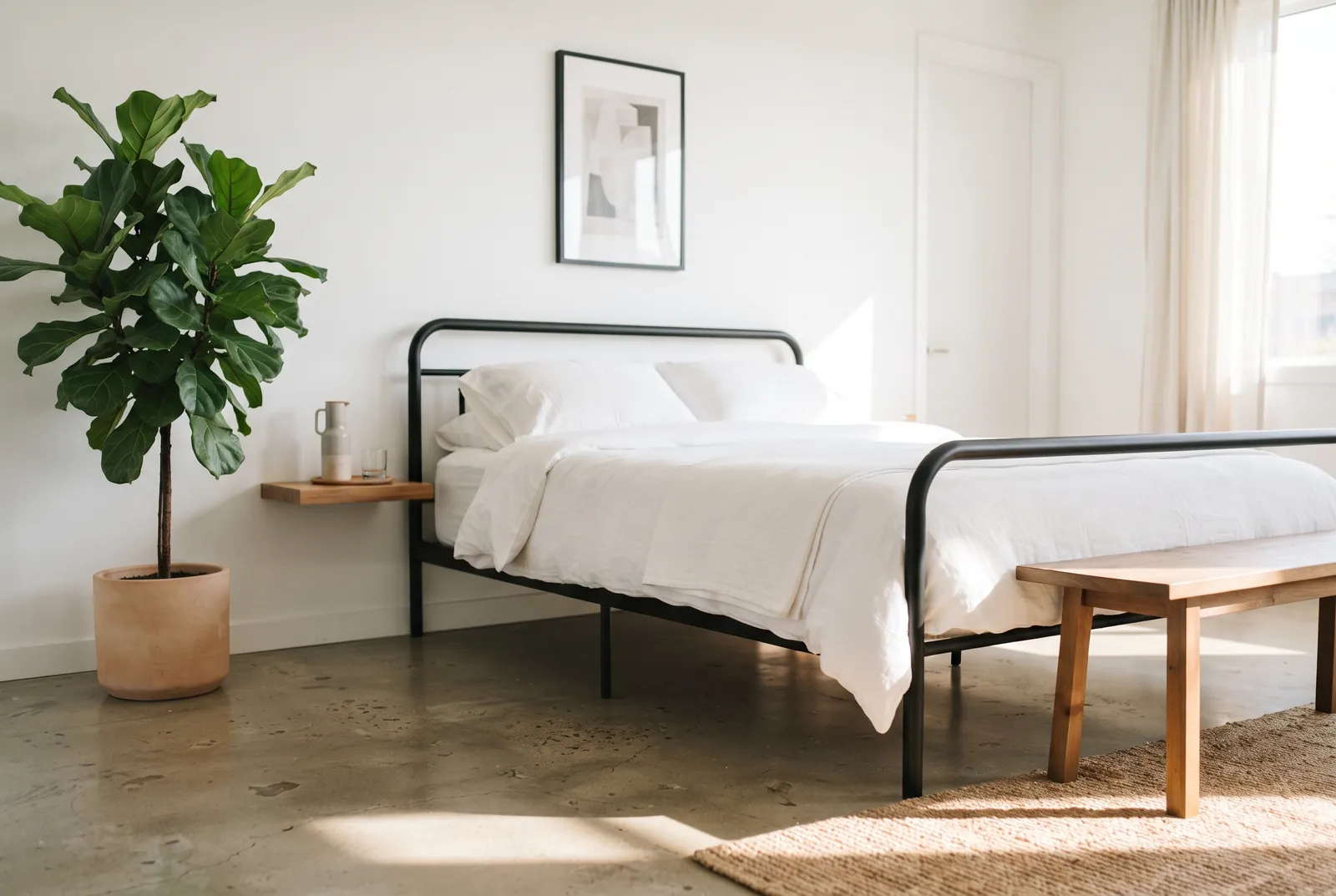 Camera moderna con letto in metallo nero, lenzuola bianche e pianta di ficus