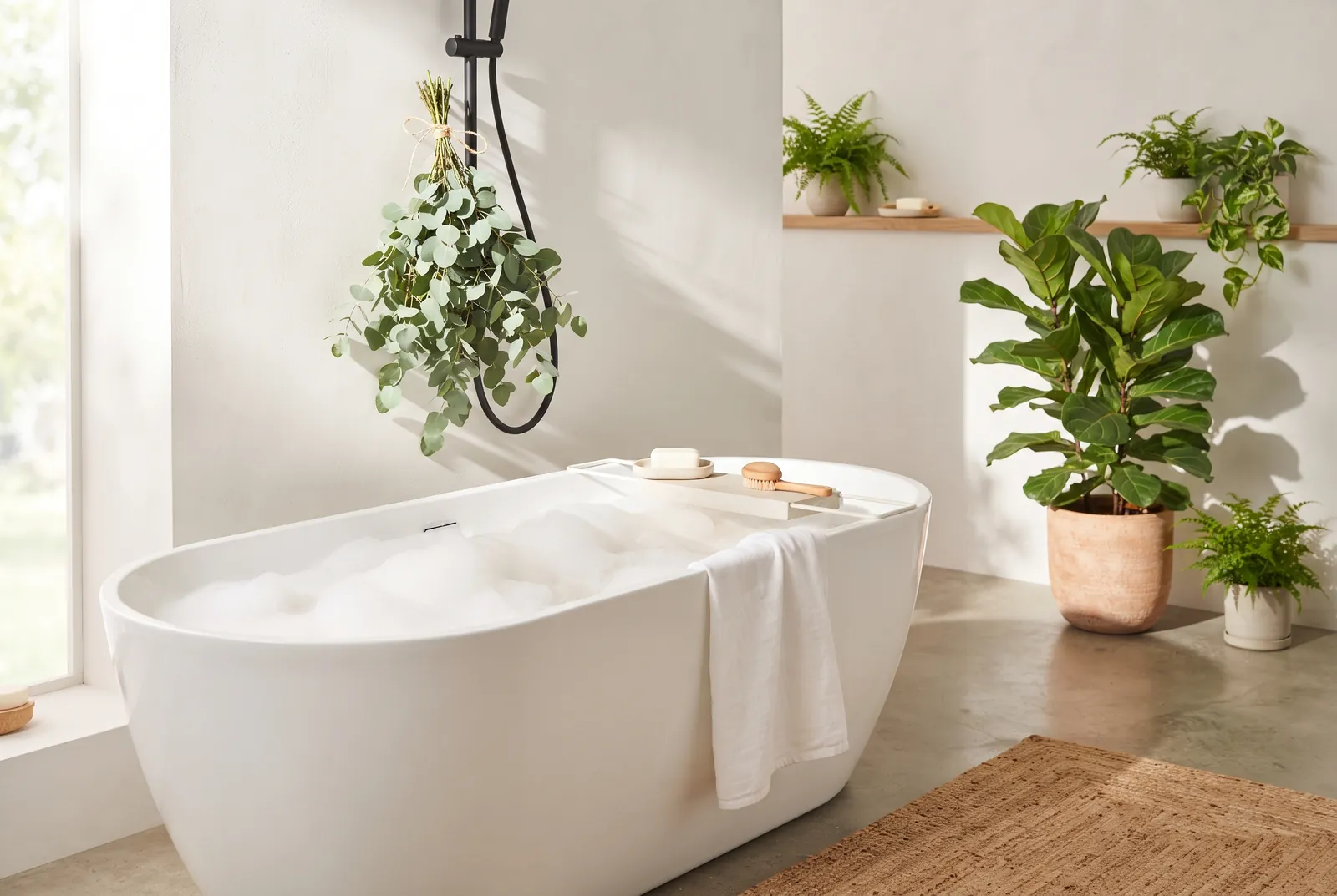 Vasca da bagno piena di schiuma in un bagno luminoso con eucalipto e piante
