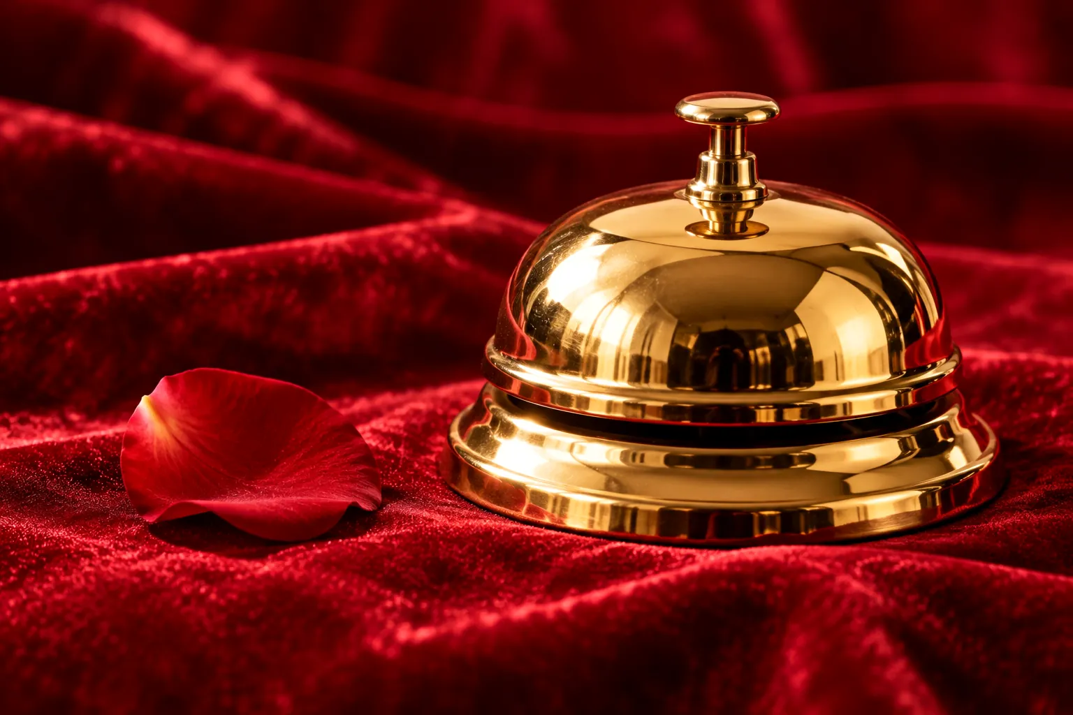 Campanello da reception dorato su velluto rosso con un petalo di rosa