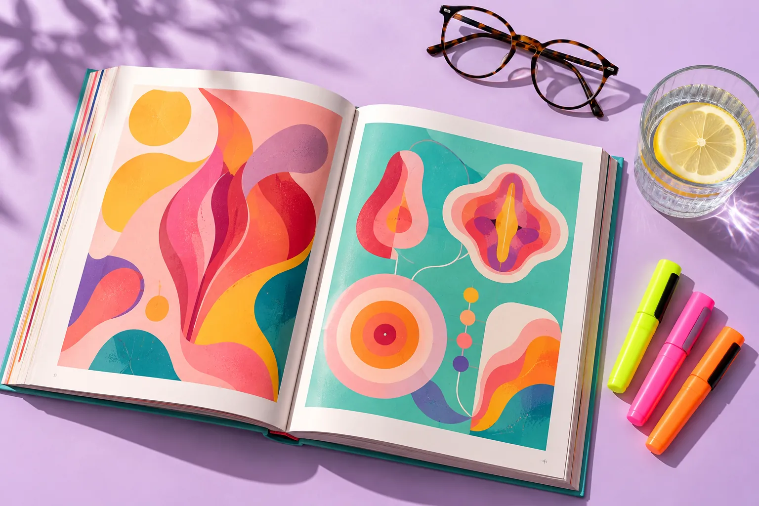 Manuale illustrato aperto con disegni colorati, evidenziatori e occhiali: imparare a conoscere il proprio corpo