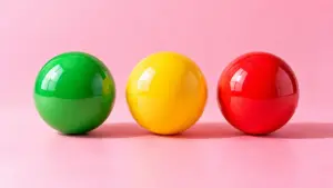 Consenso sessuale: tre sfere lucide verde, gialla e rossa come un semaforo su sfondo rosa