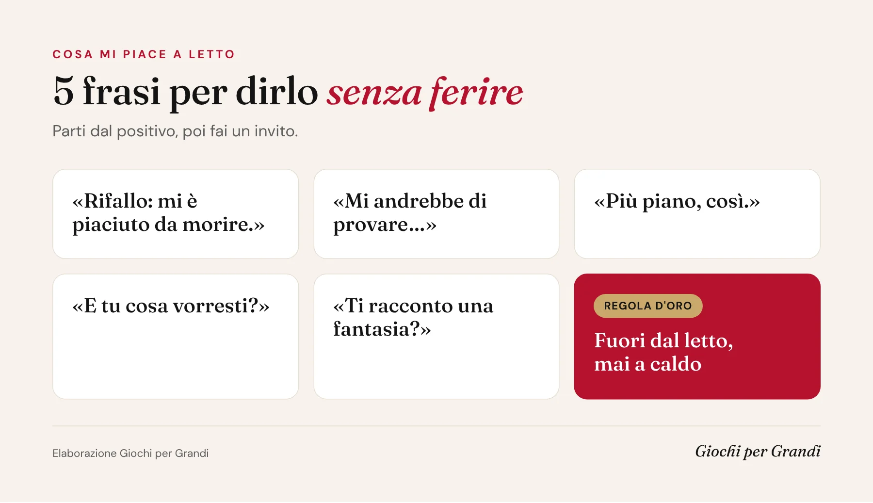 Infografica cosa mi piace a letto: cinque frasi per dirlo al partner senza ferirlo e la regola di parlarne fuori dal letto