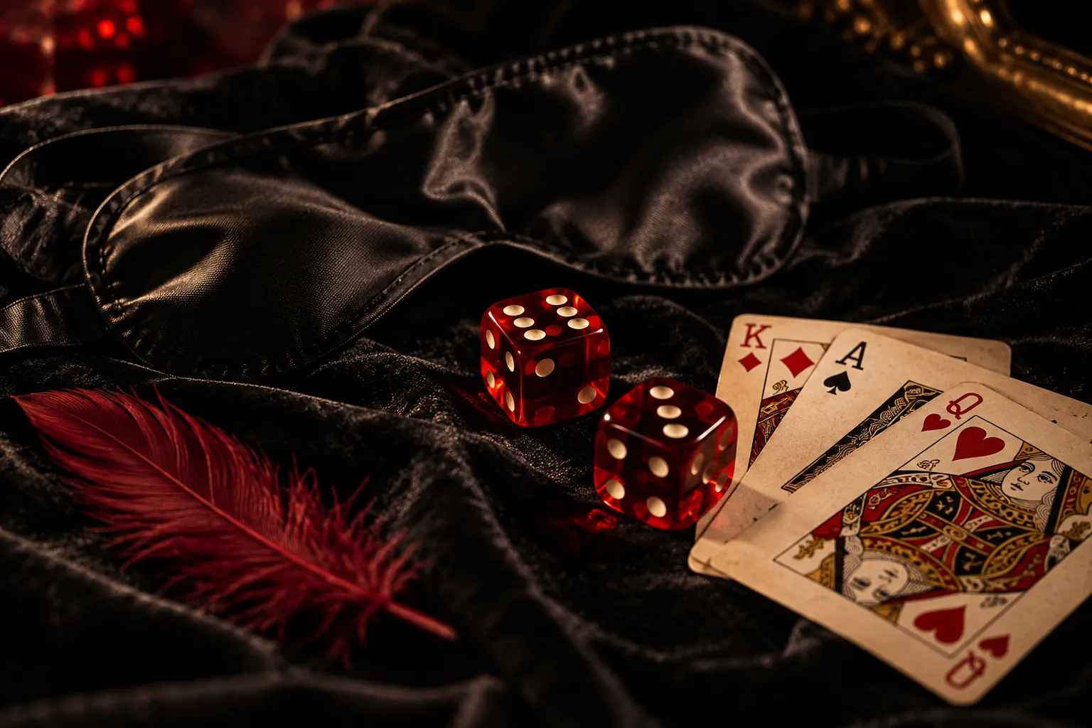 Dadi rossi, carte da gioco e benda di seta nera su velluto per giochi di coppia