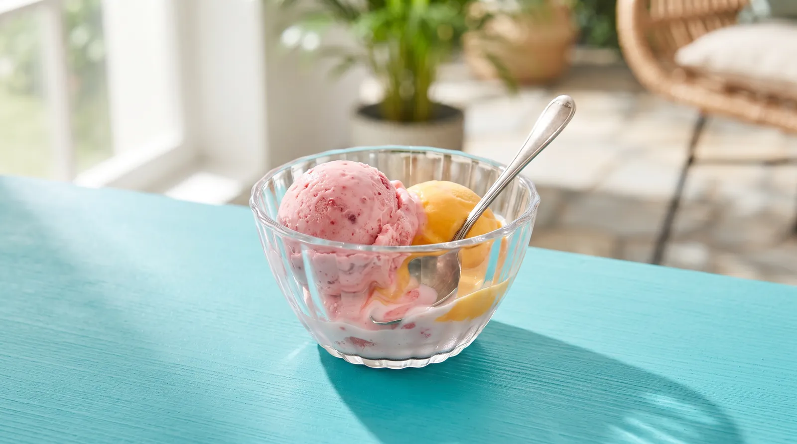 Desiderio nella coppia: due palline di gelato fragola e mango che si fondono in una coppa di vetro