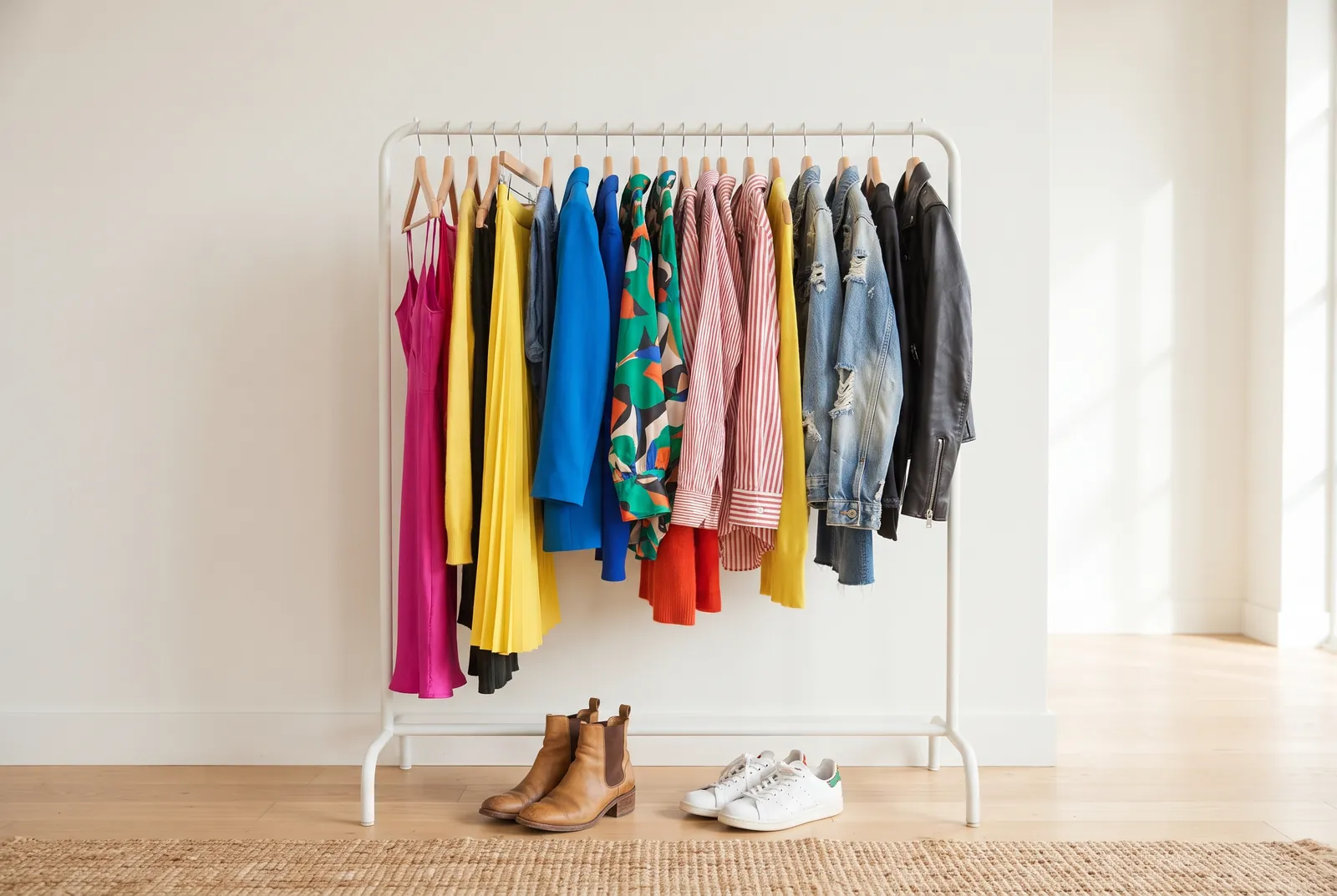 Stender con abiti coloratissimi di ogni stile, stivaletti e sneakers