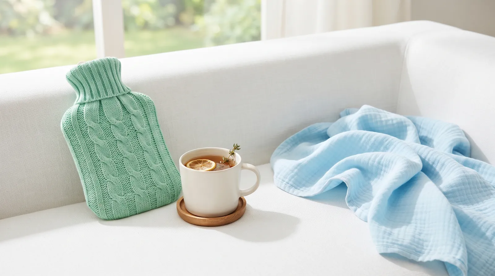 Dolore durante i rapporti: borsa dell’acqua calda in maglia menta, tisana e coperta azzurra