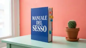 Educazione sessuale per adulti: un grande manuale del sesso blu su un tavolo verde menta davanti a una parete corallo