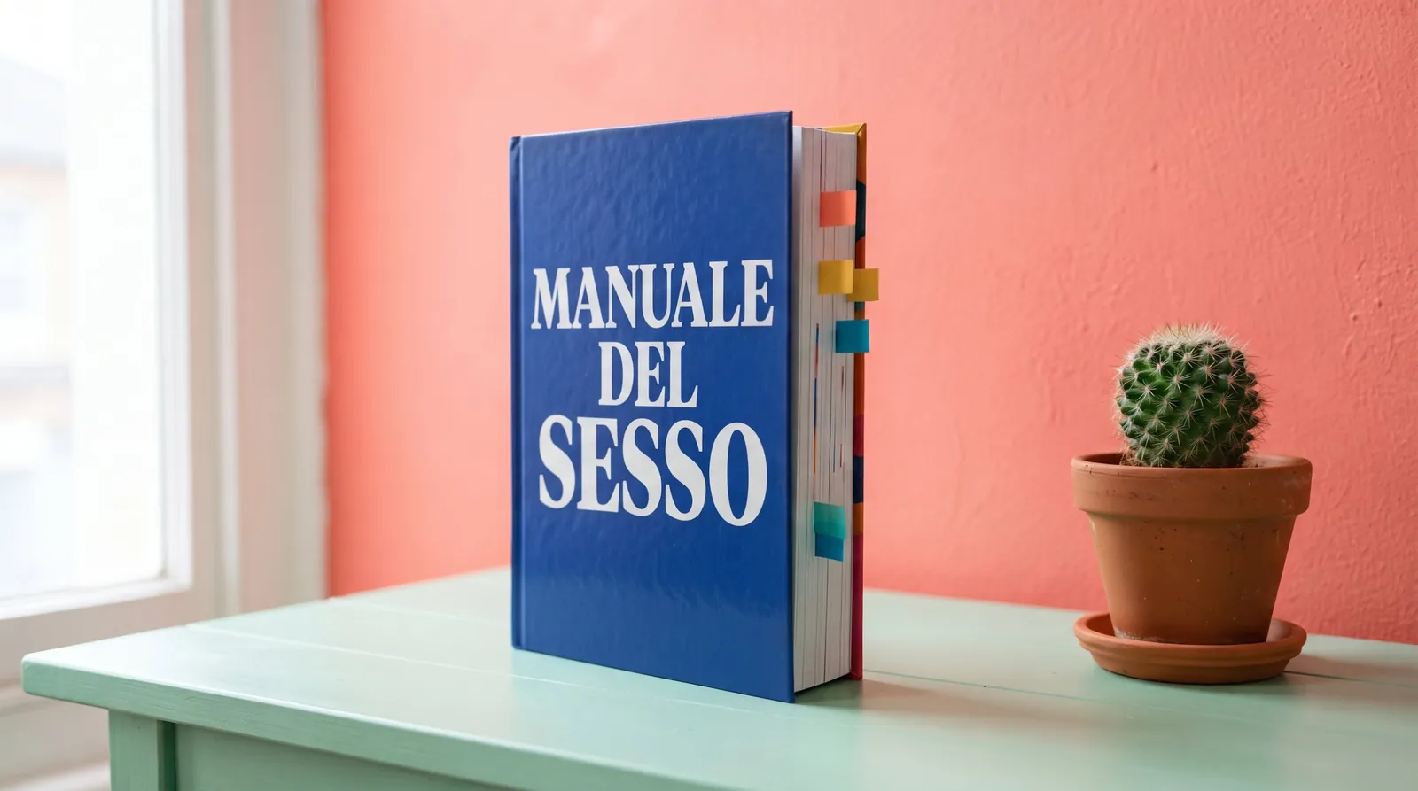 Educazione sessuale per adulti: un grande manuale del sesso blu su un tavolo verde menta davanti a una parete corallo