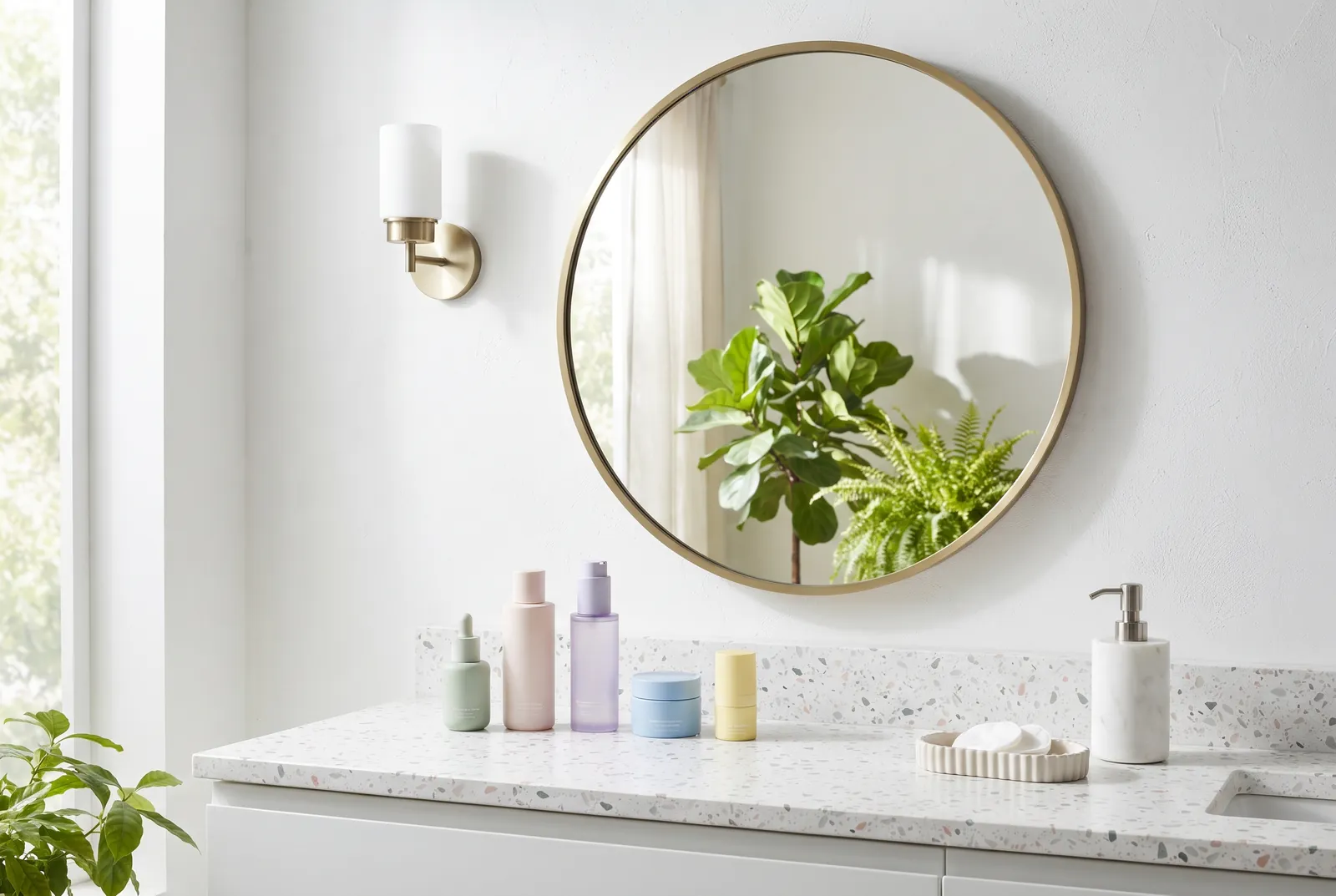 Bagno moderno con specchio tondo, piante e flaconi pastello sul top in graniglia