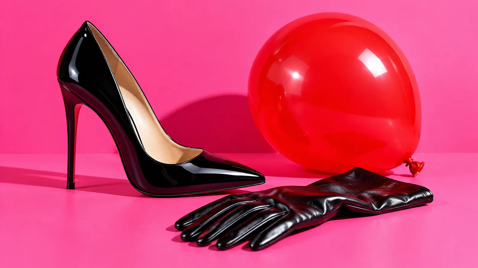 Fetish significato: décolleté in vernice nera, guanti in lattice e palloncino rosso su sfondo fucsia