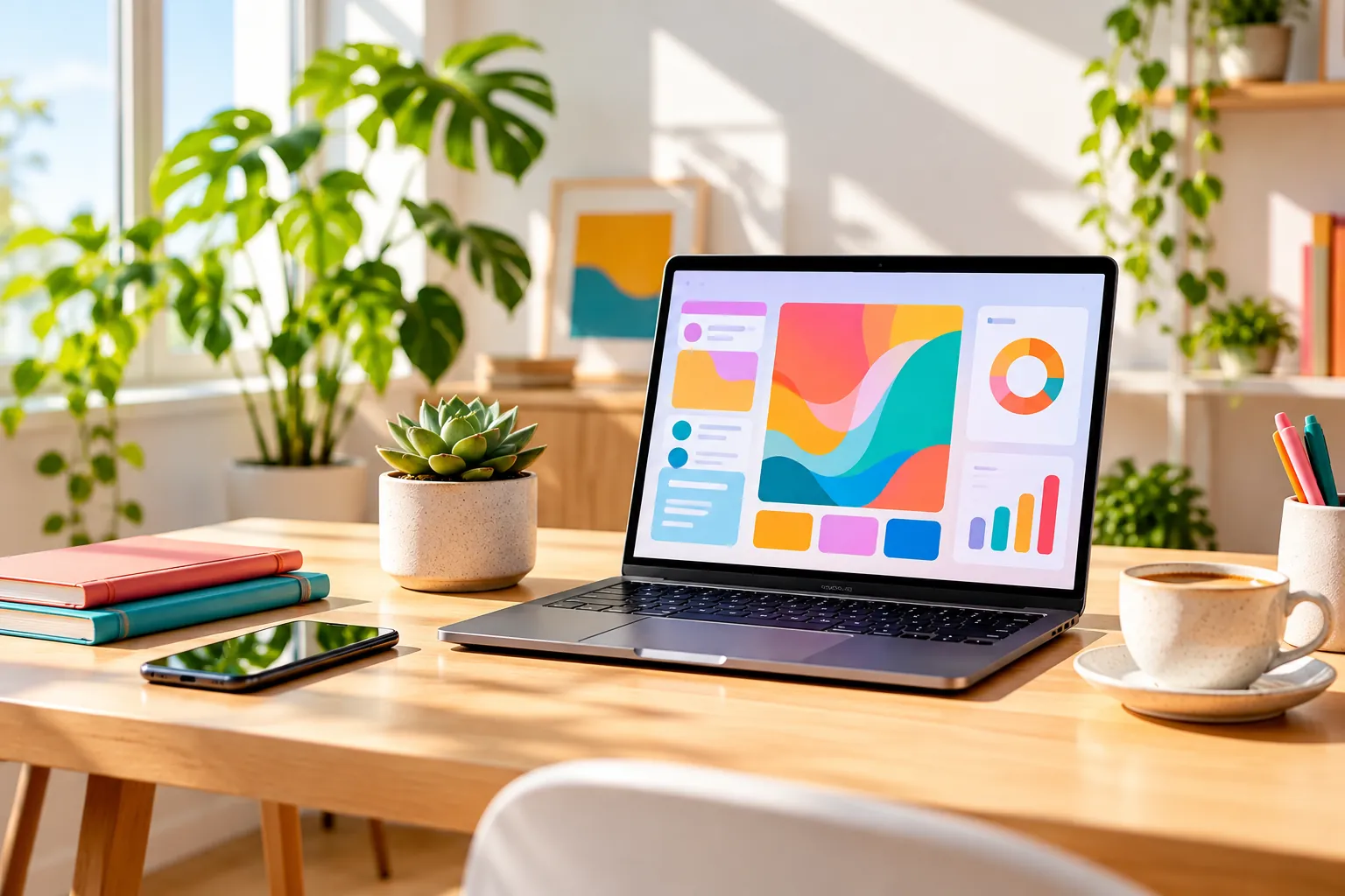 Scrivania luminosa con laptop, piante e caffè: acquistare online in modo sicuro e discreto