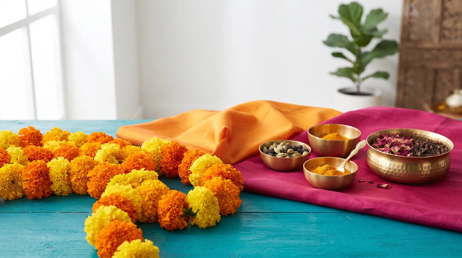 Kamasutra: ghirlande di calendule, sete zafferano e magenta e ciotole d’ottone su fondo turchese