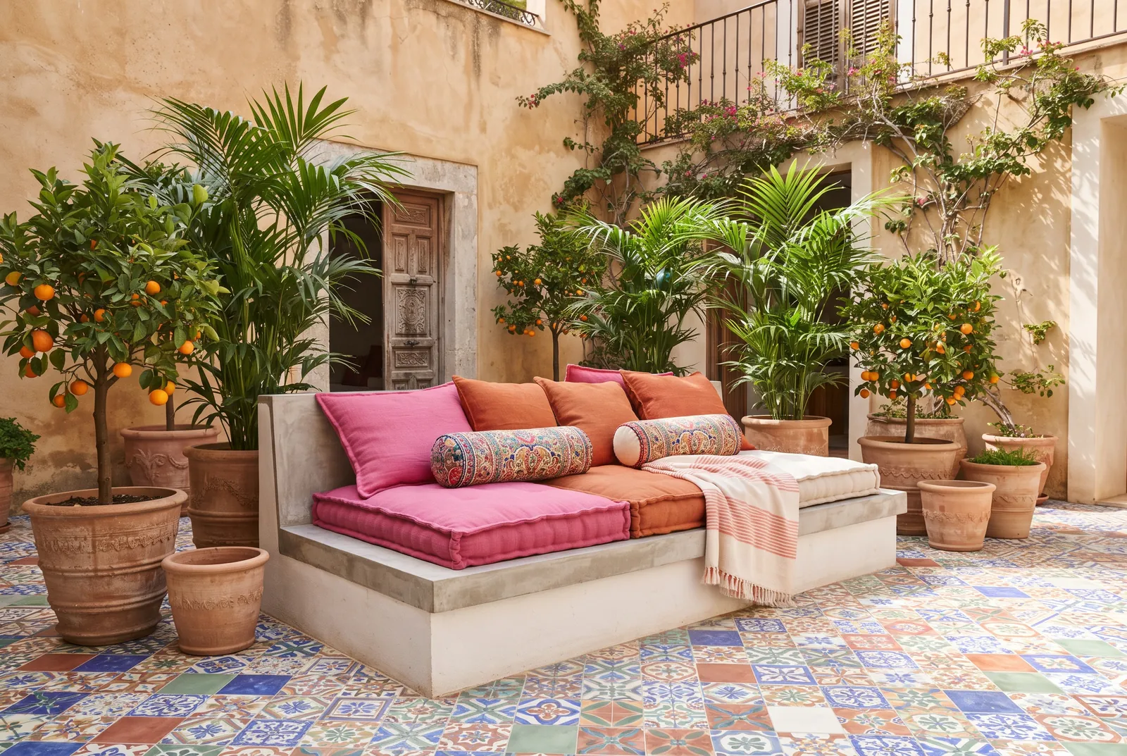 Cortile soleggiato con piastrelle decorate, divano basso con cuscini rosa e arancio e palme