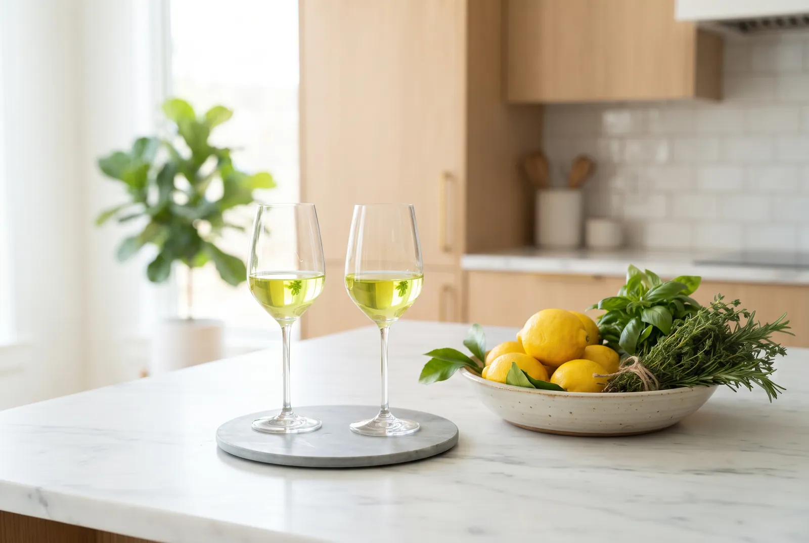 Due calici di vino bianco su un piano in marmo con limoni ed erbe aromatiche