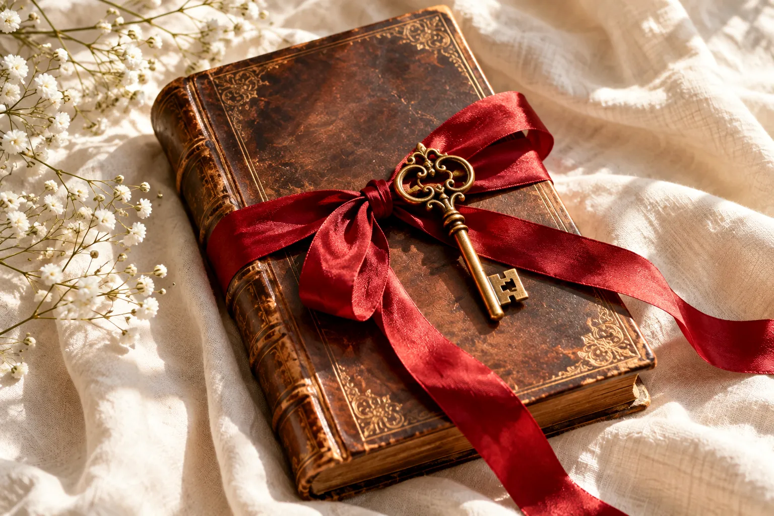 Libro antico in pelle legato con nastro rosso e una chiave d'ottone, simbolo delle regole della community