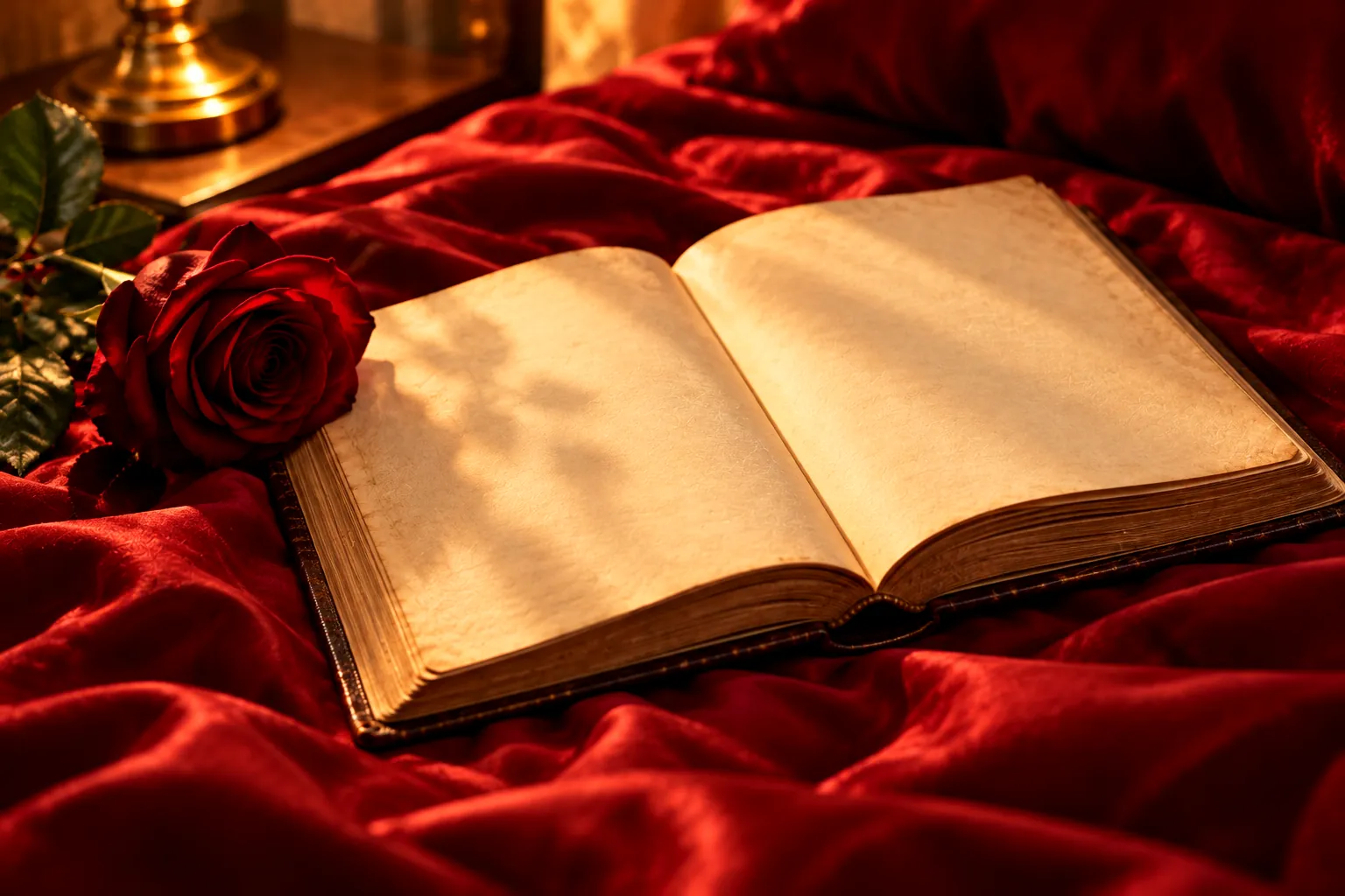 Libro aperto con pagine color crema e una rosa rossa su lenzuola di raso rosso, luce calda