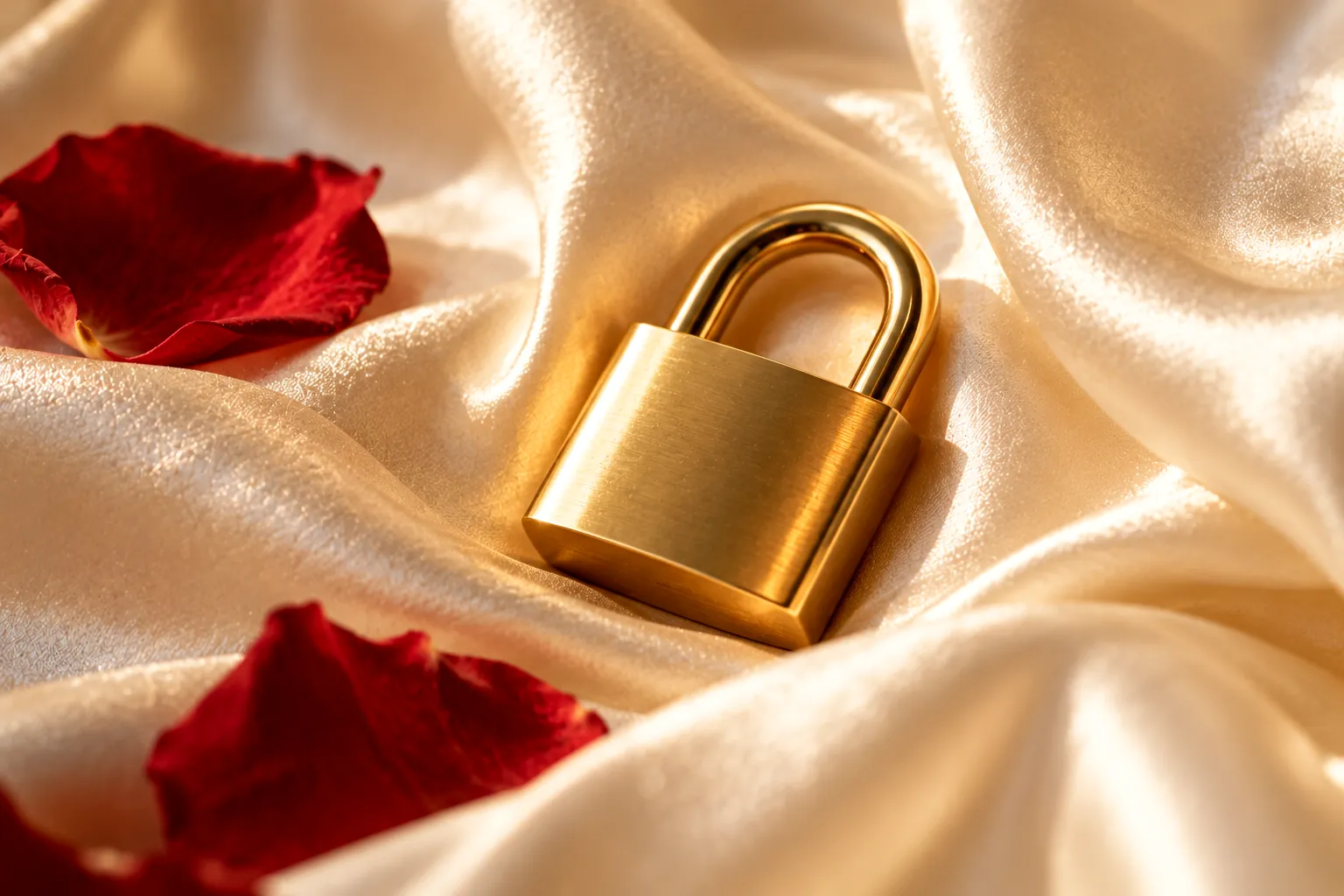 Lucchetto dorato su seta color crema con petali di rosa: privacy e dati protetti