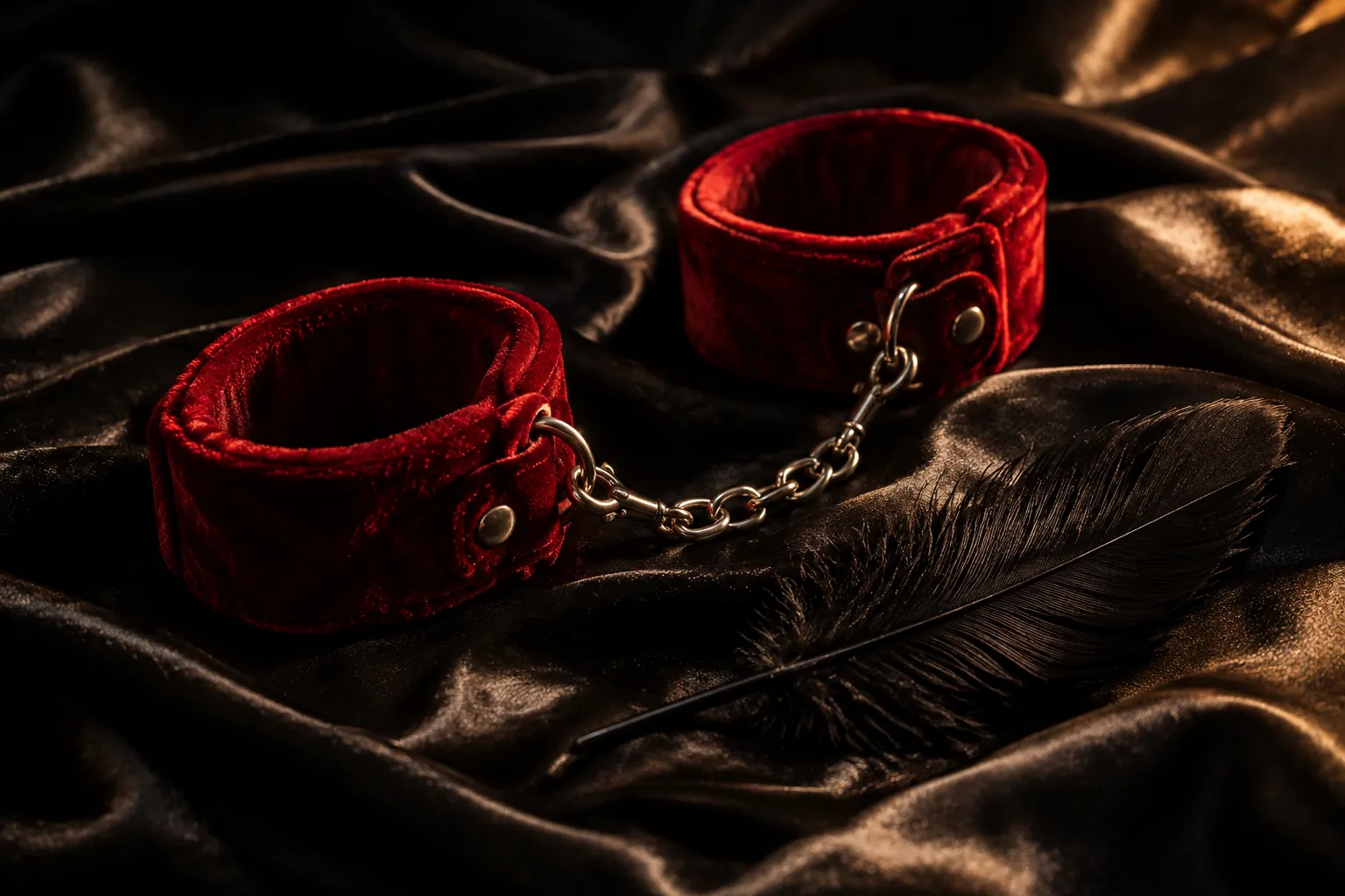 Manette morbide in velluto rosso e piuma nera su raso, per il bondage soft