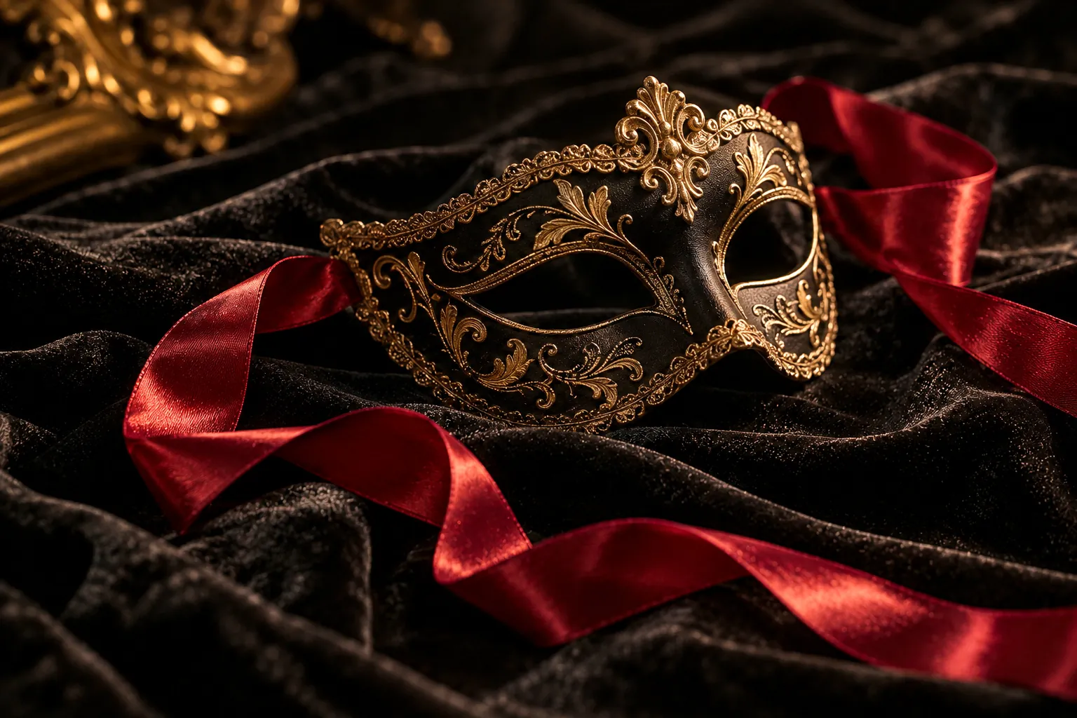 Maschera veneziana nera e oro con nastro rosso su velluto: le fantasie dei lettori