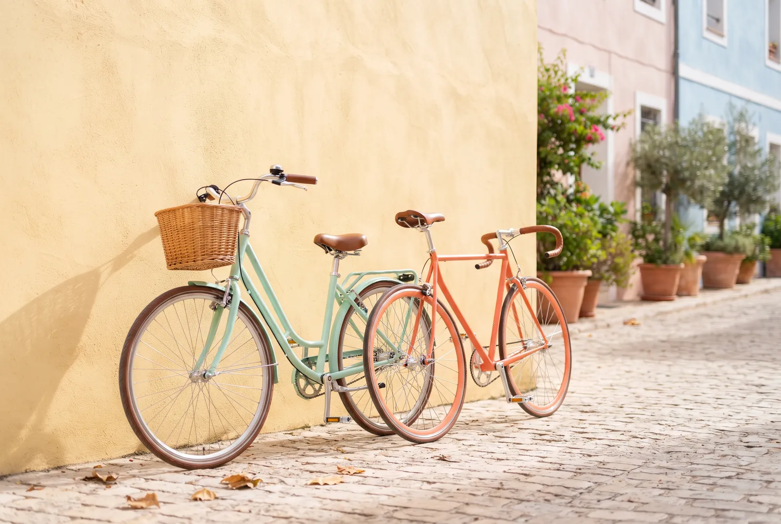 Due biciclette, una menta e una corallo, appoggiate l’una all’altra contro un muro giallo