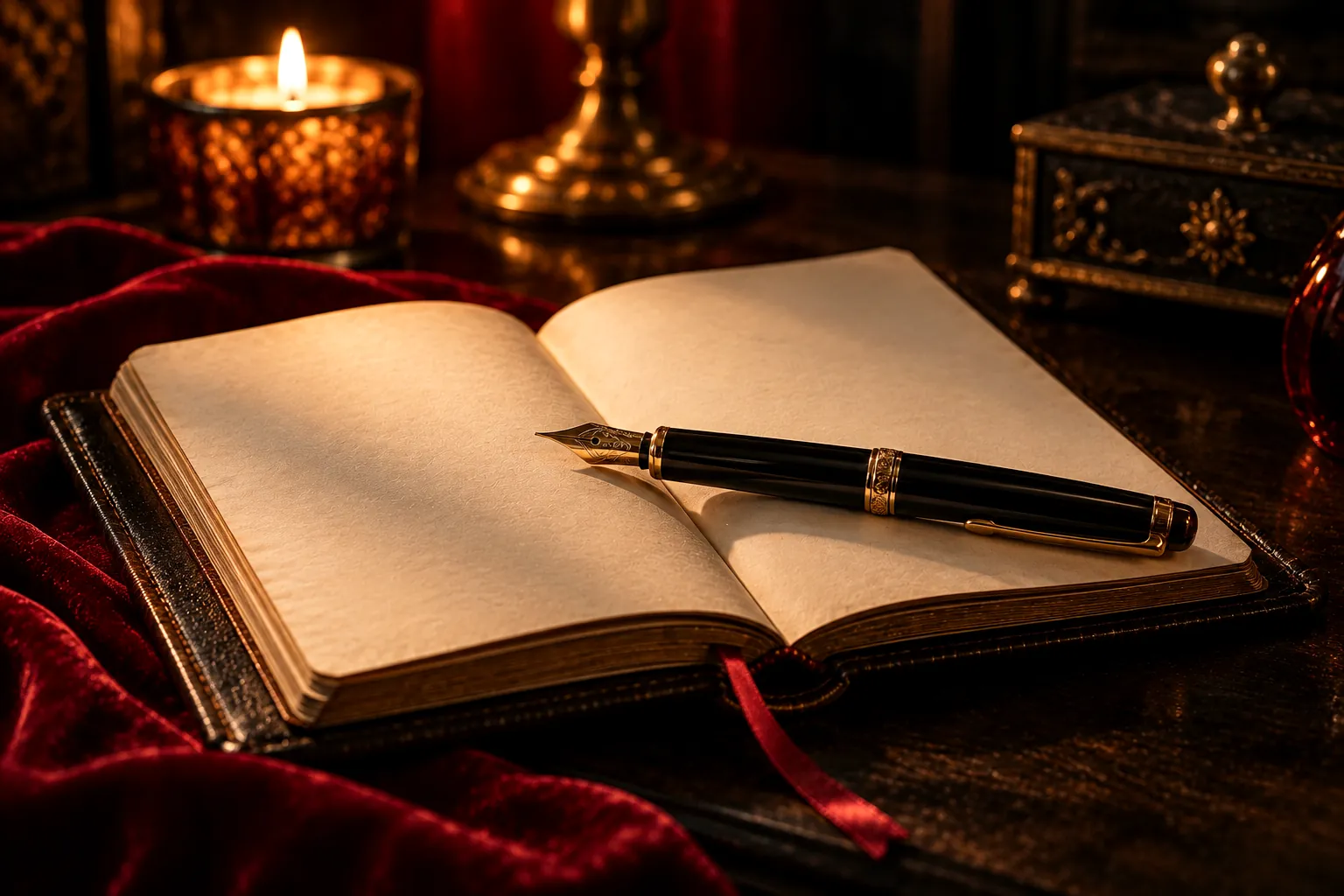 Penna stilografica su un taccuino aperto, luce di candela: scrivi la tua fantasia