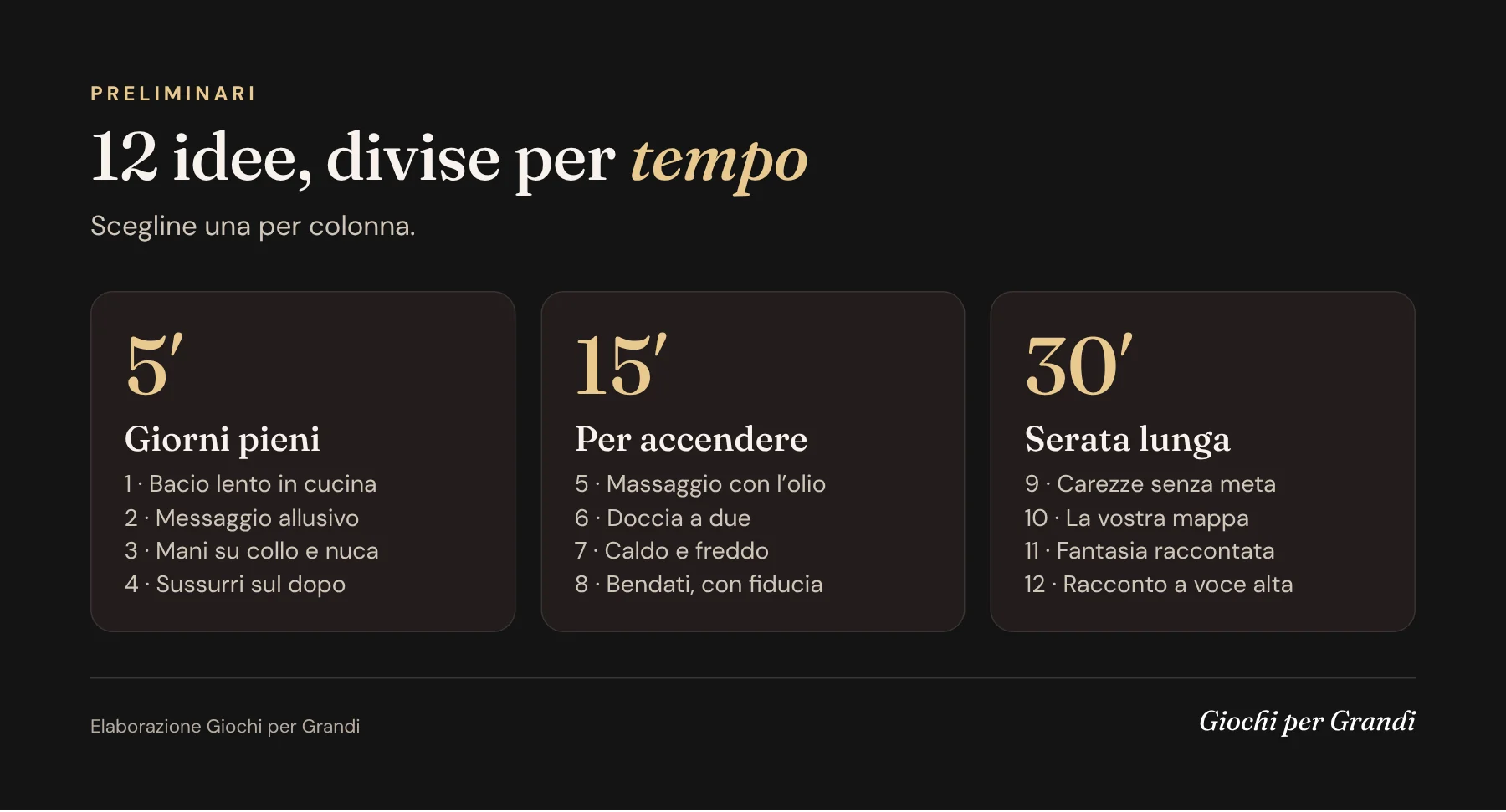 Infografica: 12 idee per i preliminari divise per tempo disponibile, 5, 15 e 30 minuti