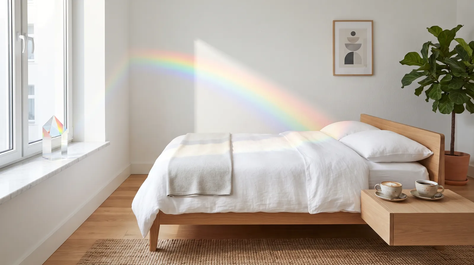 Prima volta gay: camera luminosa con un prisma che proietta un arcobaleno sul letto e due tazze