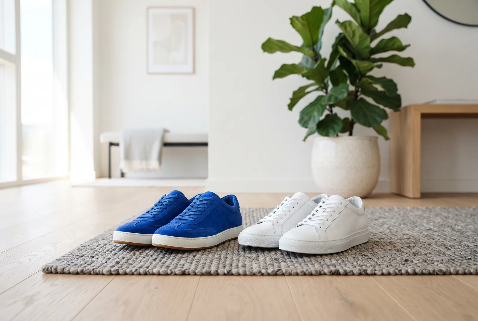 Due paia di sneakers, blu e bianche, una accanto all’altra all’ingresso di casa