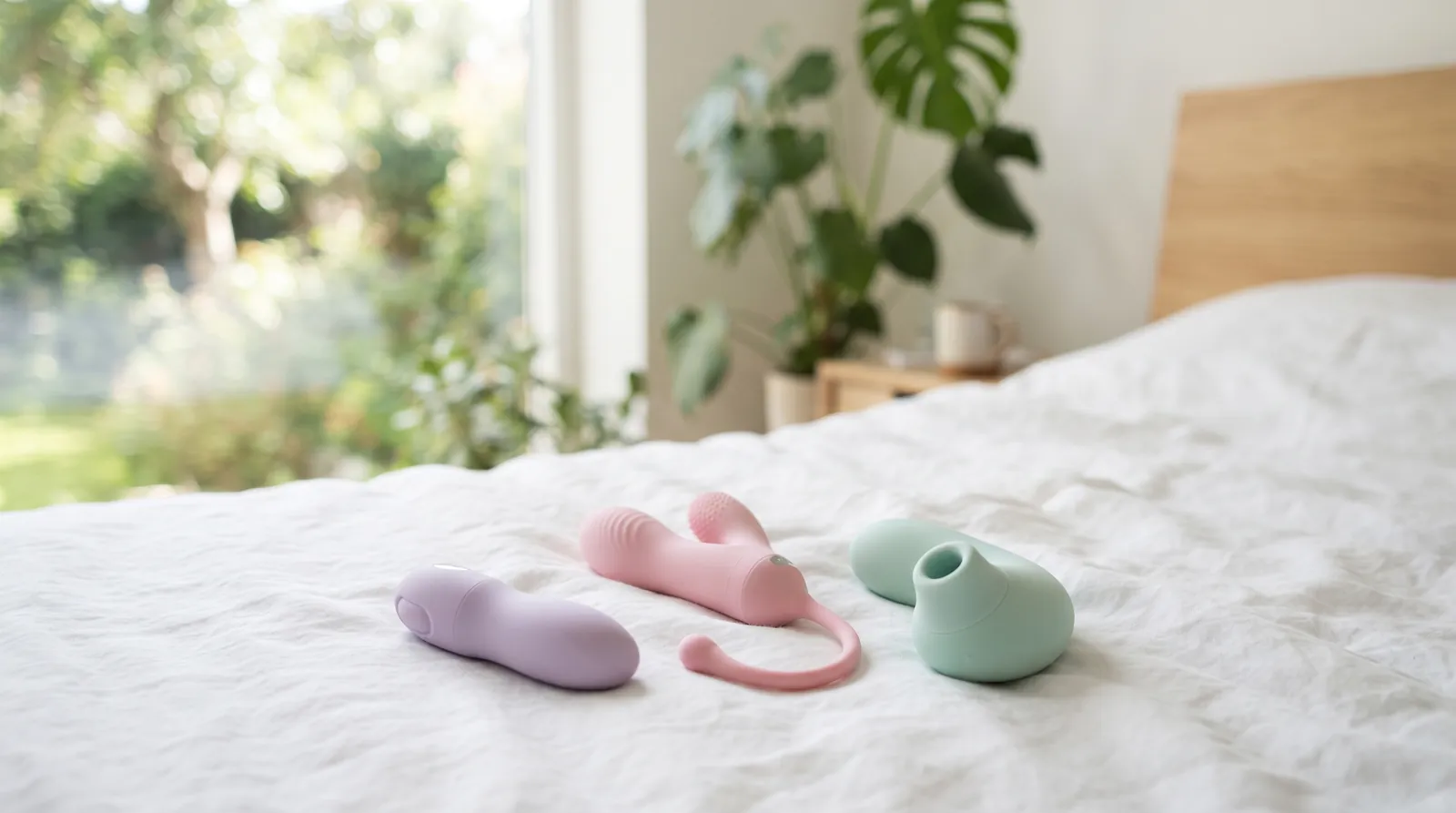 Primo sex toy: tre piccoli sex toy in colori pastello su un letto bianco alla luce del mattino