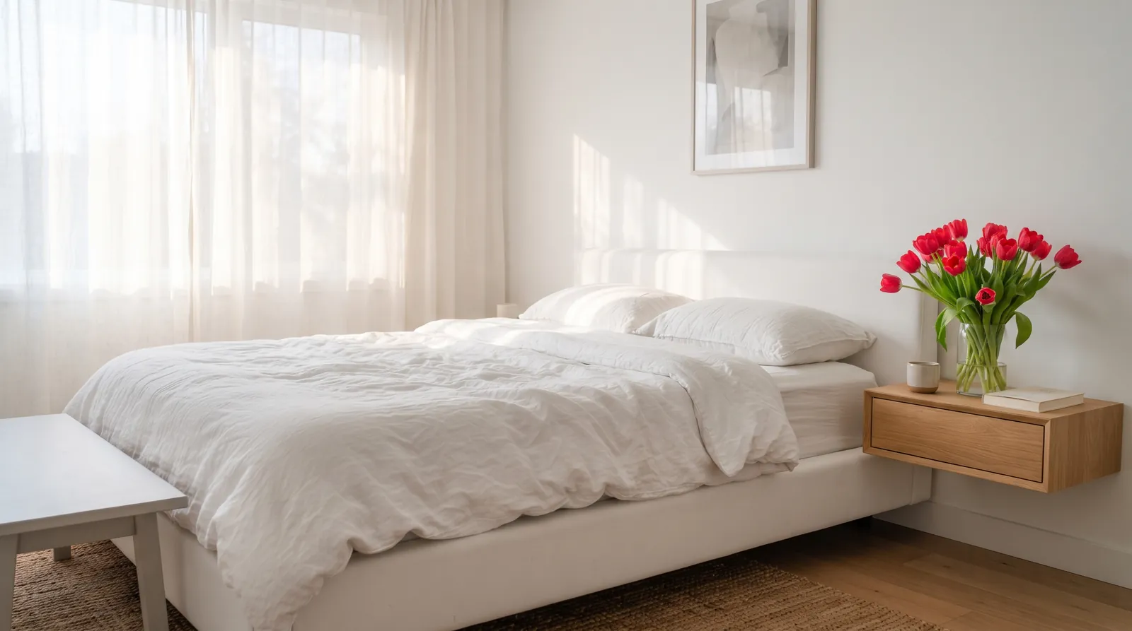 Racconto erotico di coppia: letto sfatto con lenzuola bianche e tulipani rossi alla luce del pomeriggio