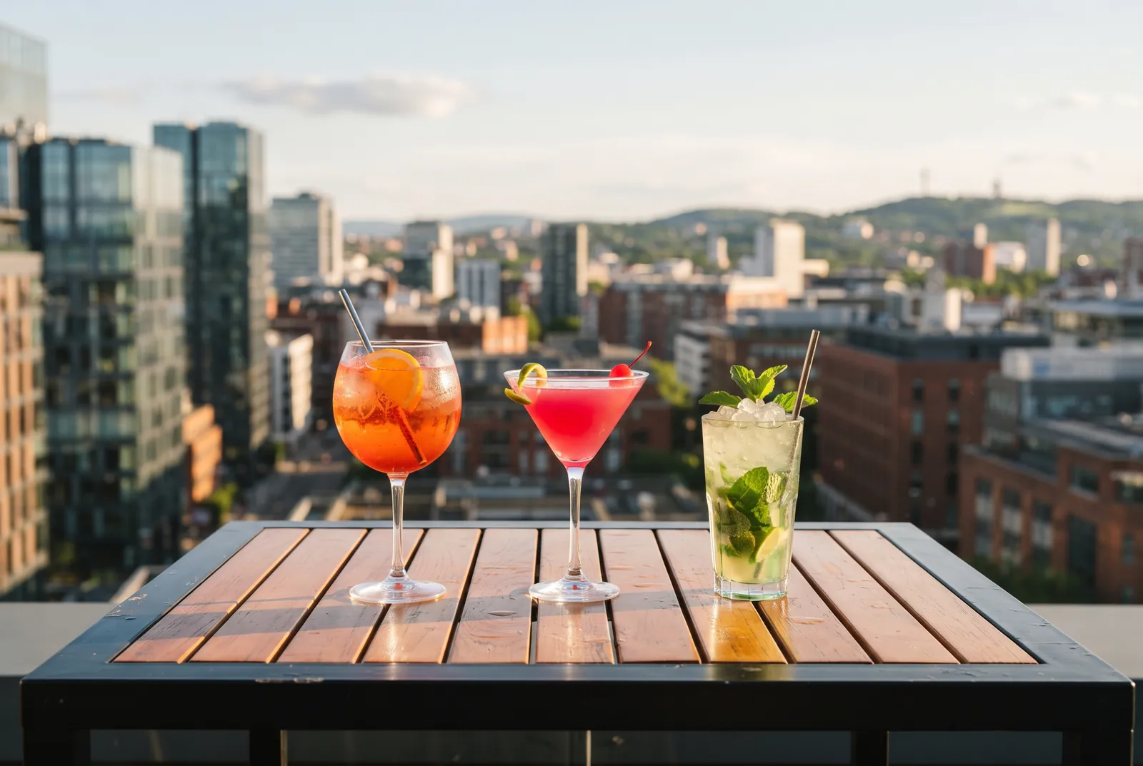 Tre cocktail colorati su un tavolo in terrazza con vista sulla città