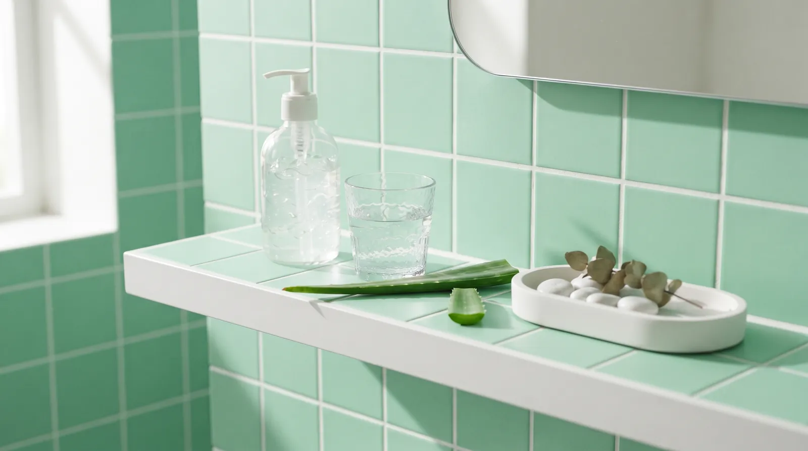 Secchezza vaginale: flacone di gel trasparente, bicchiere d’acqua e aloe su mensola con piastrelle verde menta
