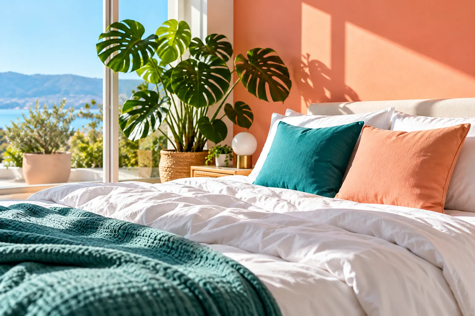 Camera da letto luminosa con lenzuola bianche e cuscini colorati affacciata sul mare