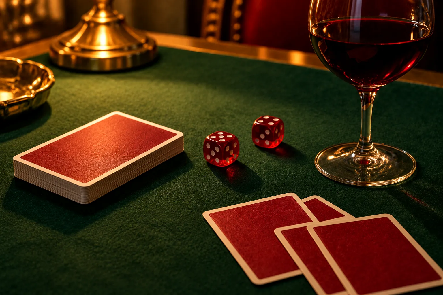Tavolo da gioco verde con carte rosse, dadi e un calice di vino rosso, luce calda
