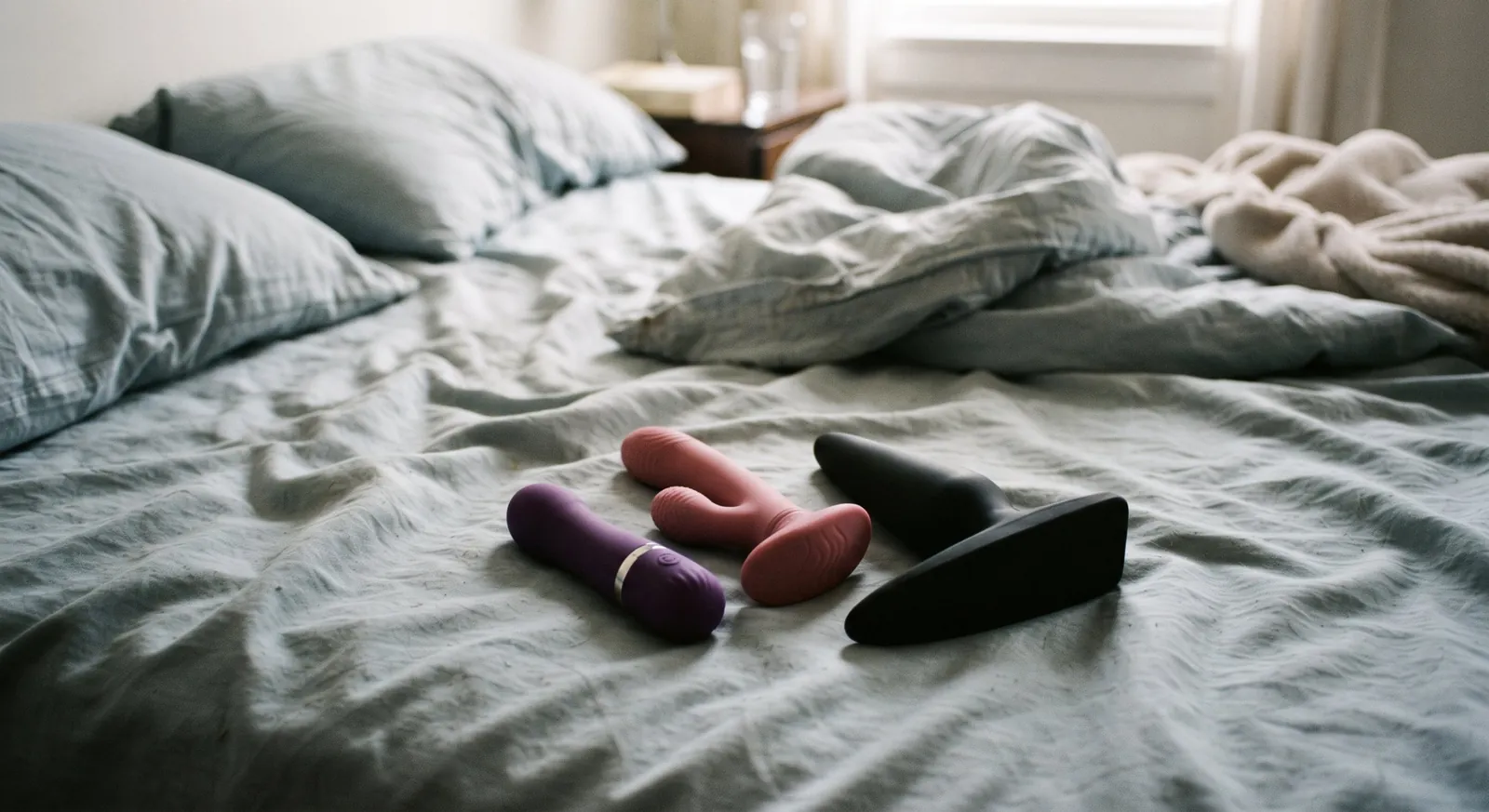 Tipi di vibratori: tre sex toy viola, rosa e nero su lenzuola grigio-azzurre