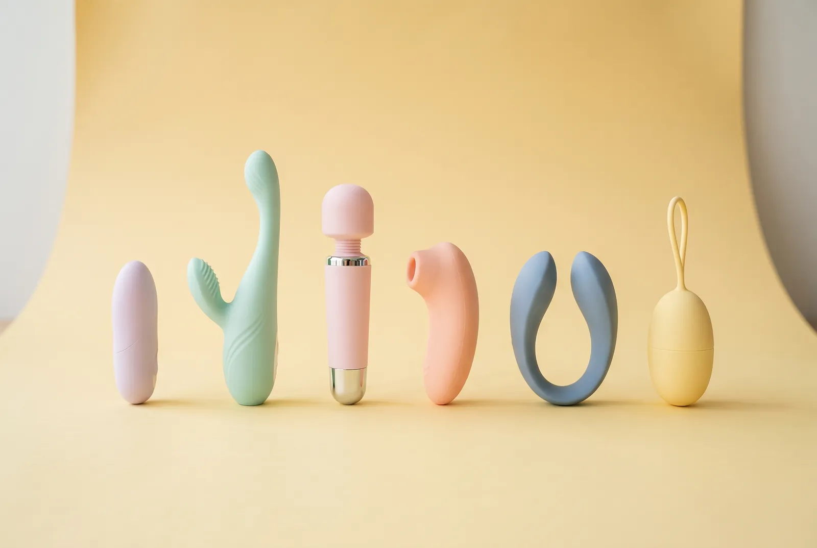 Sei vibratori diversi in colori pastello allineati su sfondo giallo: bullet, rabbit, wand, succhia clitoride, di coppia, ovetto