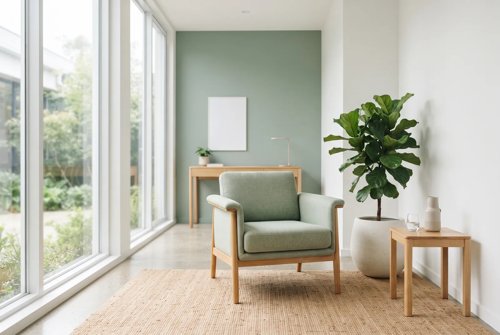 Studio medico accogliente bianco e verde salvia con poltrona e grandi finestre
